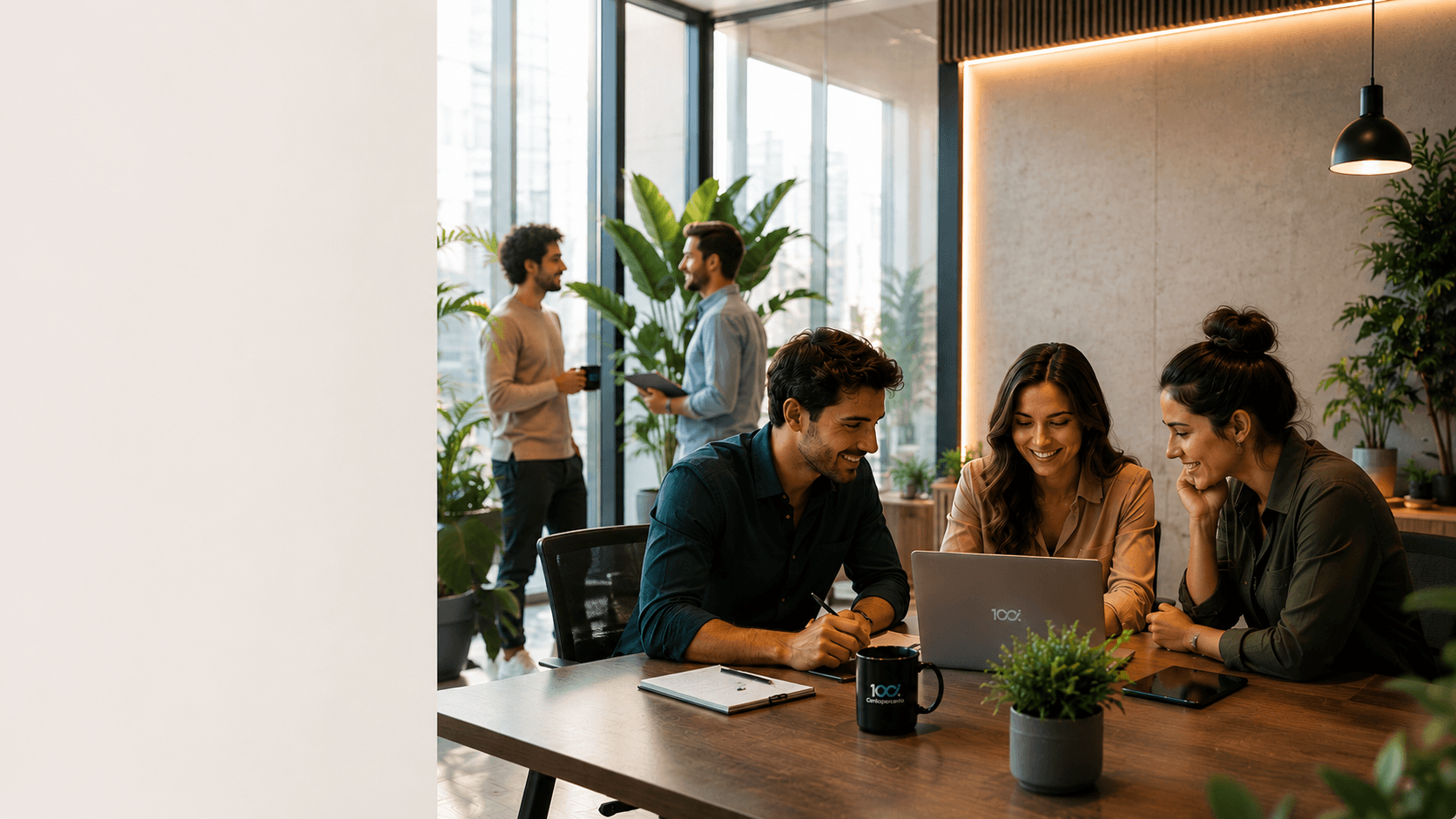 Professionisti sorridenti collaborano al laptop in un ufficio moderno con piante e ampie vetrate.
